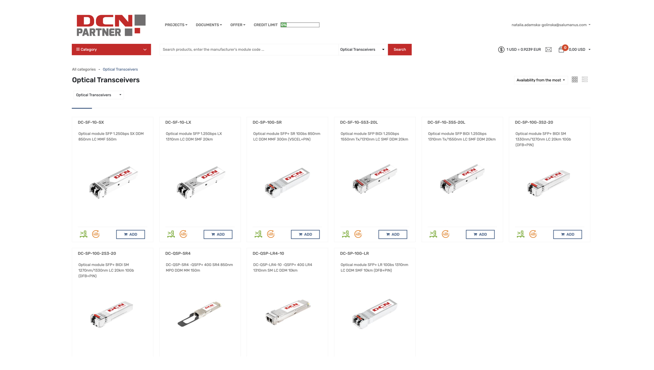 Platforma DCN Partners — katalog modułów optycznych